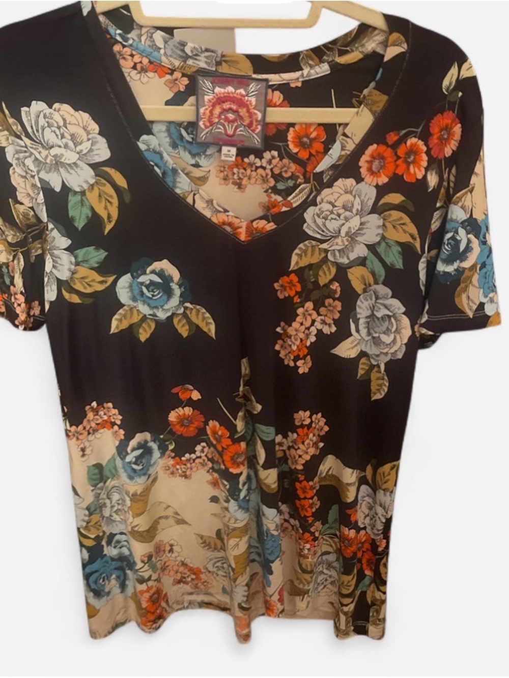 Johnny Was dark navy Floral V-Neck Top with Blue and Orange Blooms
